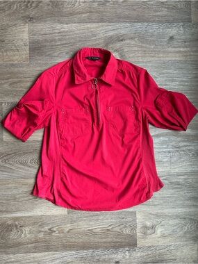 Zac & Rachel Red 1/4 Zip Pullover Utility Top Size‎ L 3/4 Roll-Tab Sleeves